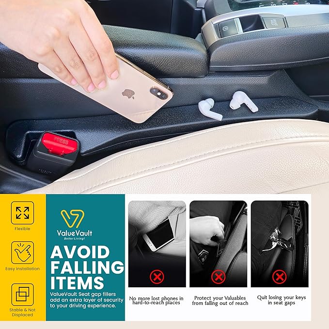 Car Seat Gap Filler Stopper & Catcher, Prevents Keys & Phones Falling into Console Crevice, Moves with Seat (Universal Fit for Sedans, SUVs & Trucks), Waterproof Soft Faux Leather(2 Pack) | Car Gap Filler