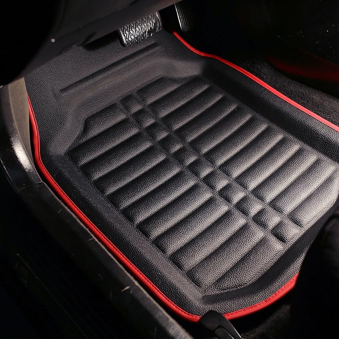 FH Group Automotive Floor Mats - PU Leather Floor Mats, Deep Dish Design, Floor Mats for Cars, Universal Fit Floor Mats Front Set, Floor Mats for Most Sedan, SUV, Truck Floor Mats Red Black