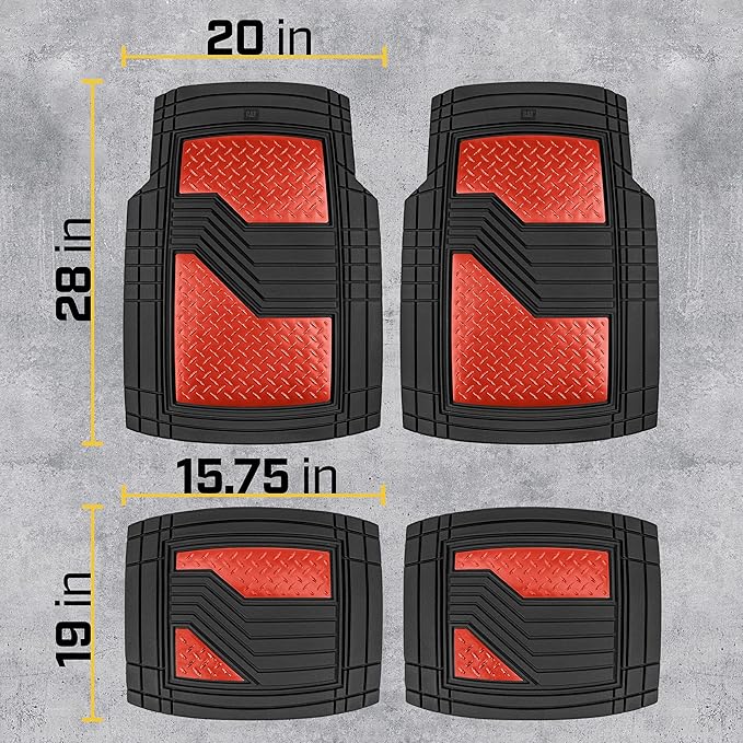 Cat® DiamondShield™ Rubber Floor Mats for Cars Trucks SUV, All Weather Protection, Front and Rear Car Mats with Heel Pad & Anti-Slip Backing, Universal Trim-to-Fit Rubber Floor Mats for Car, Red