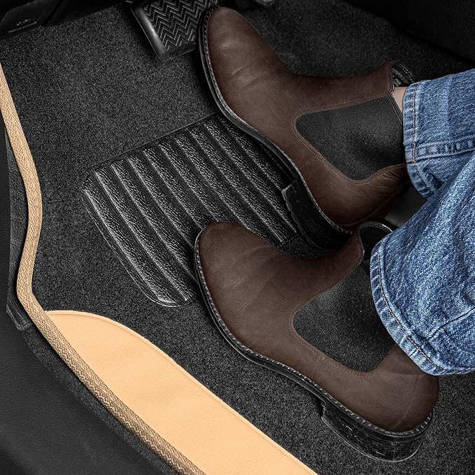 BDK Carpet Floor Mats for Cars, Two-Tone Carpet Car Mat with Faux Leather Accents, Automotive Floor Mat Sets with Built-in Heel Pad, Stylish Interior Car Accessories Beige