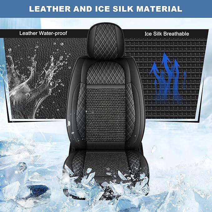 Ahsrnl Seat Covers Fit for Mitsubishi Outlander Sport 2011-2026 Cooling Ice Silk Faux Leather Seat Covers Breathable Seat Cushion Protector（2PCS Front Pair/Black