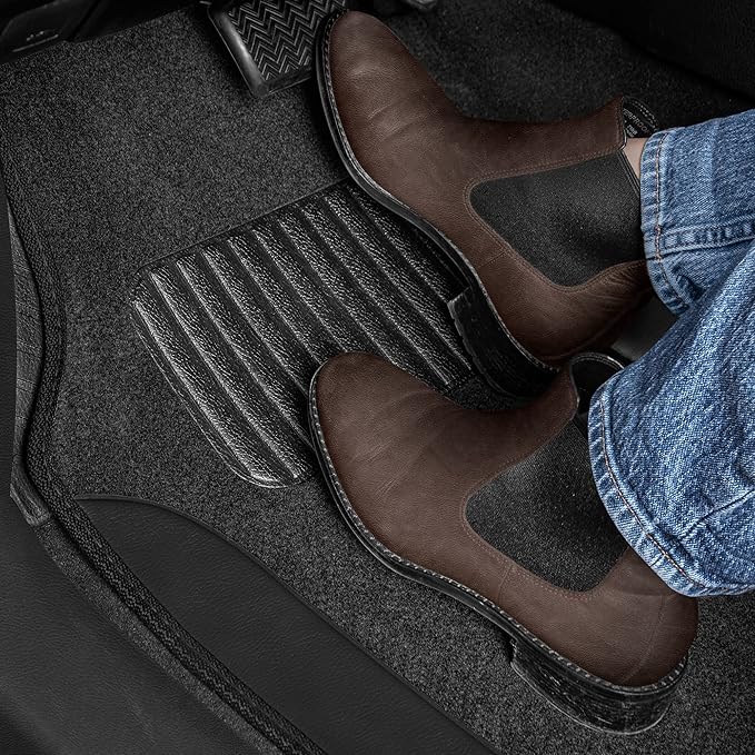 BDK Floor Mats for Cars, Two-Tone Carpet with Faux Leather Accents, Automotive Floor Mat Set with Built-In Heel Pad, Stylish Interior Car Accessories (Black)