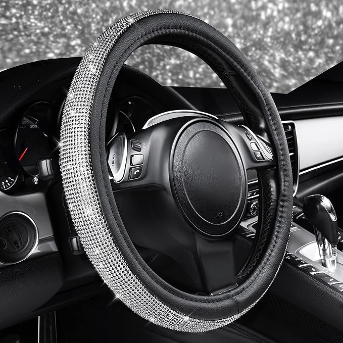CAR PASS Bling Diamond Leather Steering Wheel Cover, with Bling Sparkly Crystal Glitter Rhinestones Universal Fit 14.5in-15in Car Wheel Protector for Women Girl Fit Suvs,Vans,Sedans,Car,Trucks, Silver