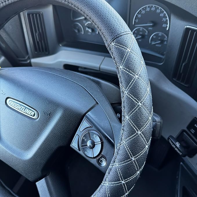 Steering Wheel Cover 18 inch Size Faux Leather Semi Truck, BLACK WITH GREY STITCHING