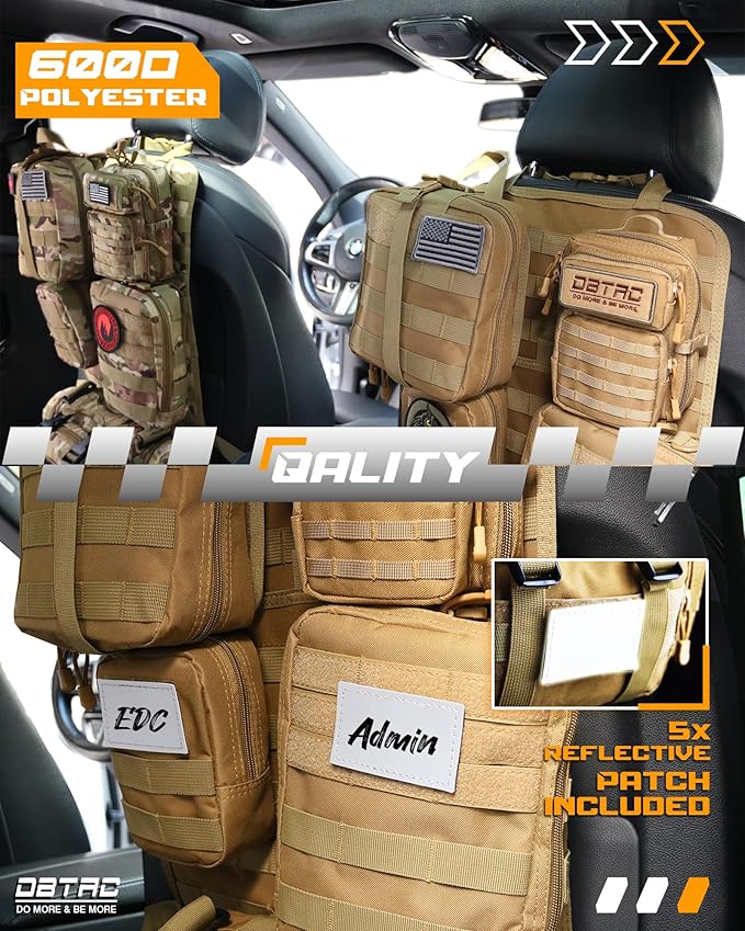 DBTAC Tactical Molle Car Seat Organizer | Vehicle Back Panel with 5X Detachable Pouches, US Flag & Writable Reflective Patch for Cars, Trucks, SUVs, Sedans