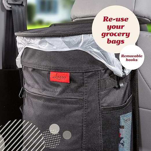 Lusso Gear Spill-Proof Car Trash Can - Leakproof Liner & Flip-Top Lid Auto Trash Can - Hangs in Trucks & SUVs as Trunk Organizer - 2.5-Gal Mesh Pockets for Camper Accessories - 2.5 Gal, Gray, Round