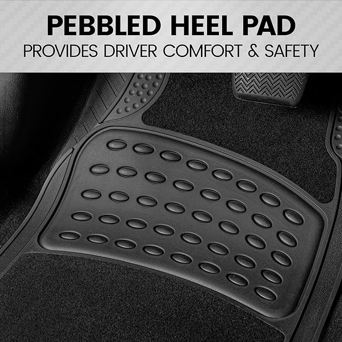 BDK HybridMat Automotive Rubber & Carpet Floor Mats, Front & Rear Seat Mat Set of Interior Liners for Car Sedan SUV Van, Heavy Duty All Weather, Semi-Trim to Fit, Black