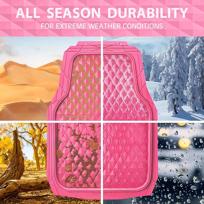 CAR PASS Heavy Duty Rubber Hot Pink Car Floor Mats & Cargo Liners, Deep Dish All-Weather Trunk Mats Durable Anti-Slip 3D Rhombus Waterproof Trim to Fit Liner Universal Fit Auto,Sedan,SUV,Truck, Pink