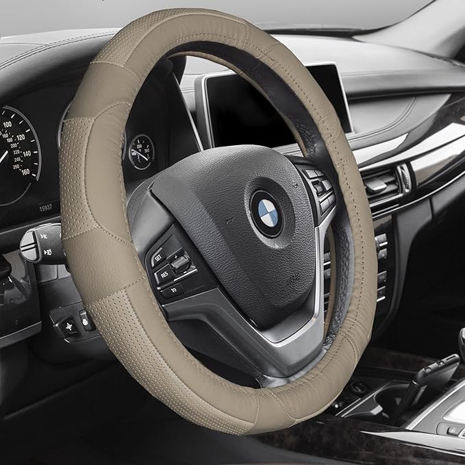 FH Group Universal Fit Deluxe Full Grain Authentic Leather Solid Beige Steering Wheel Cover Fits Most Cars, SUVs