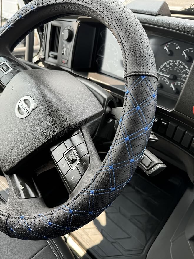 Genuine Leather Steering Wheel Cover for Semi Truck – 18" X-Large, Diamond Stitching, Anti-Slip Grip, Fits 18 Inch Wheels for Big Rig, RV & 18 Wheeler Trucks (Black/Blue)