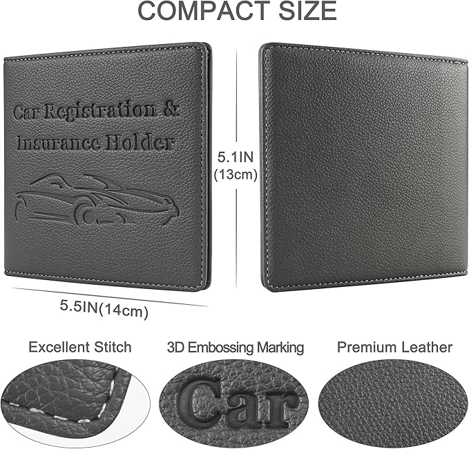 New Fashion Kingdom Car Registration and Insurance Holder, Premium PU Leather Vehicle Glove Box Car Organizer Men Women Wallet Accessories Case for ID, Driver's License - Grey