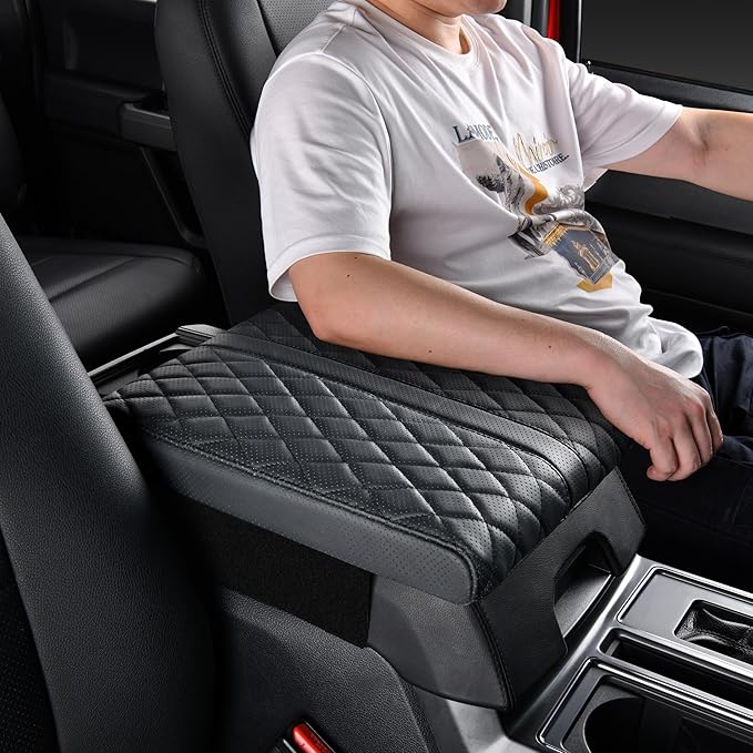 POKSRI Truck Center Console Cover/pad Genuine Leather,Universal large Armrest mat, Adjust driving posture Cushion,Real cowhide,keep driving safety,f150 sierra titan silverdo tundra