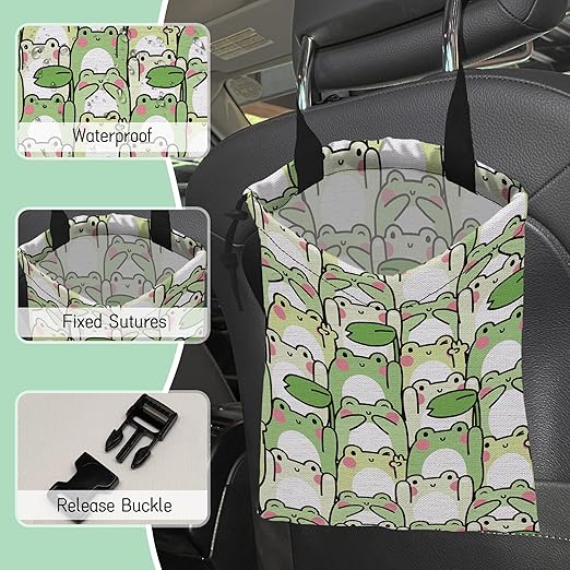 NHNXHWIA Cute Frog Car Garbage Bag,Waterproof Small Car Trash Bag Hanging Back of Seat,Drawstring Hanging Car Trash Bag with Adjustable Buckle for Car Accessories