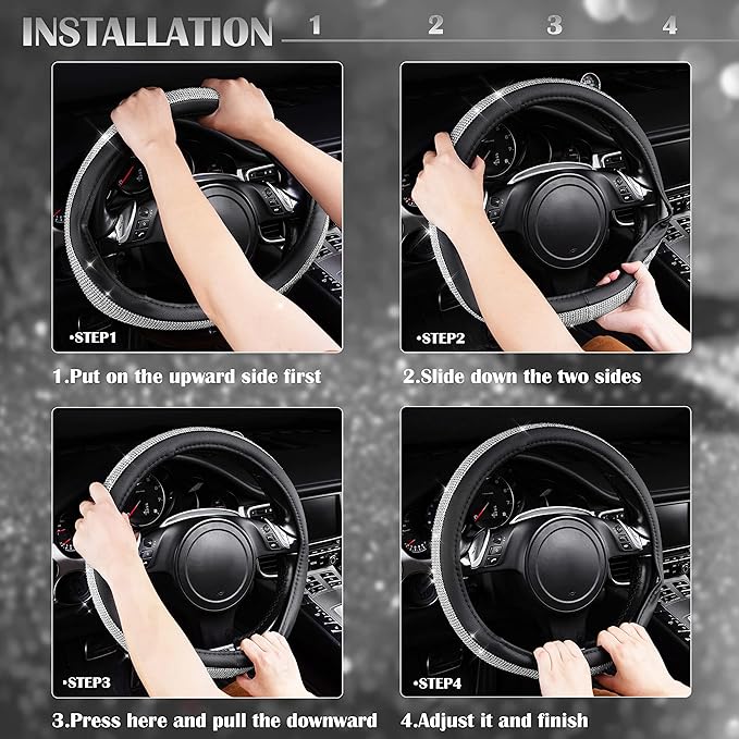 CAR PASS Bling Diamond Leather Steering Wheel Cover, with Bling Sparkly Crystal Glitter Rhinestones Universal Fit 14.5in-15in Car Wheel Protector for Women Girl Fit Suvs,Vans,Sedans,Car,Trucks, Silver