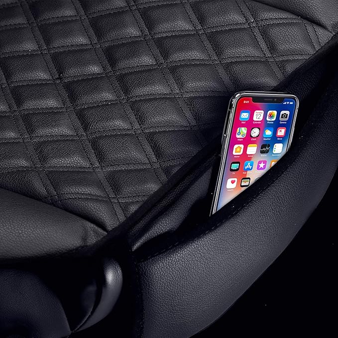 FH Group Faux Leather Seat Cushion Pad with Front Pocket Front Set – Universal Fit for Cars Trucks & SUVs (Black)