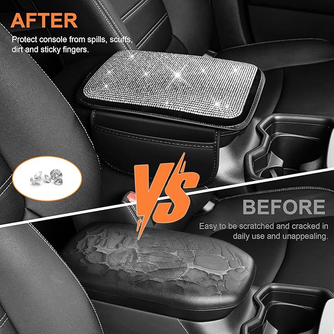 Bling Car Armrest Cover for Women Fit for Mazda Mazda 6 Custom Leather Center Console Cover with 2 Storage Pockets Crystal Rhinestones (Black)
