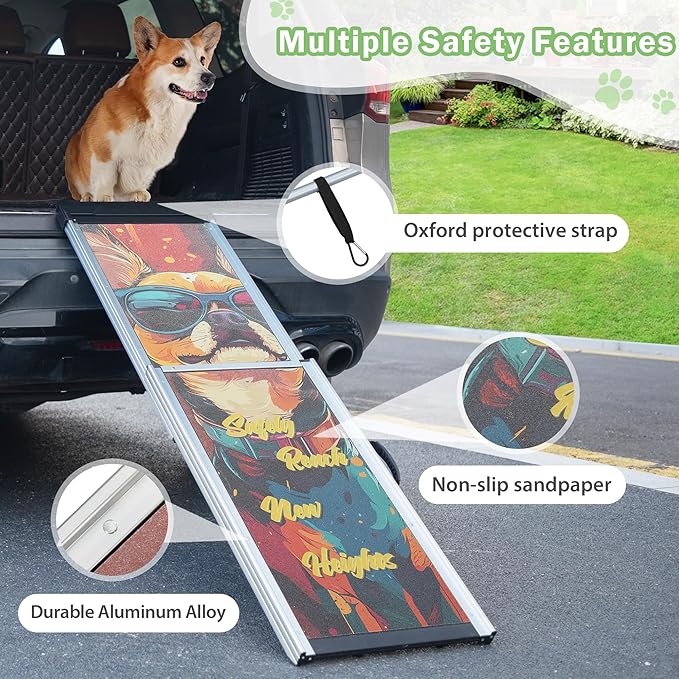 COZIWOW Telescoping Dog Car Ramp for Large Dogs - Heavy-Duty Aluminum Pet Ramp with High-Traction Surface, Anti-Slip Steps for Cars/Trucks/SUVs,Adjustable Sizing,330LB Load Capacity(Easy to Carry)