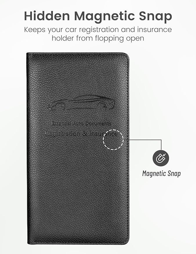 Yarnic Car Registration and Insurance Holder, Car Document Holder with Magnetic Closure, Registration and Insurance Card Holder Car Organizer Glove Box Compartment Organizer for Men Women (Black)