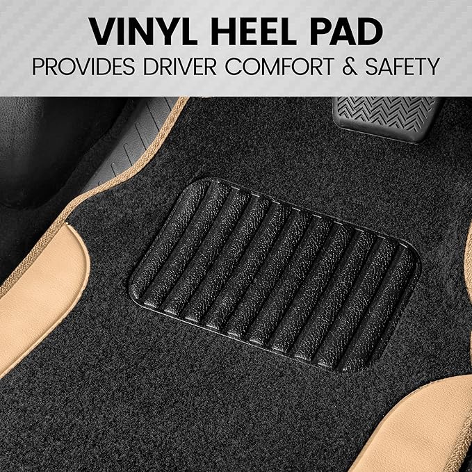 BDK Two-Tone Carpet Car Floor Mats with Faux Leather Accents, Automotive Floor Mat Set with Built-in Heel Pad, Stylish Interior Car Accessories (Beige)