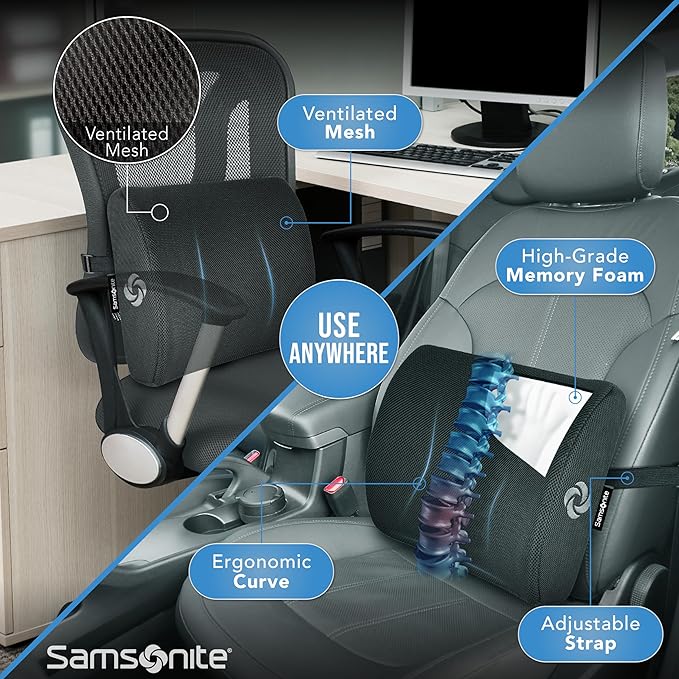 Samsonite Ergonomic Lumbar Support Pillow for Office Chair, Gaming Chair, or Car, Memory Foam Cushion with Breathable Ventilated Mesh and Adjustable Straps for Long Lasting Back Support