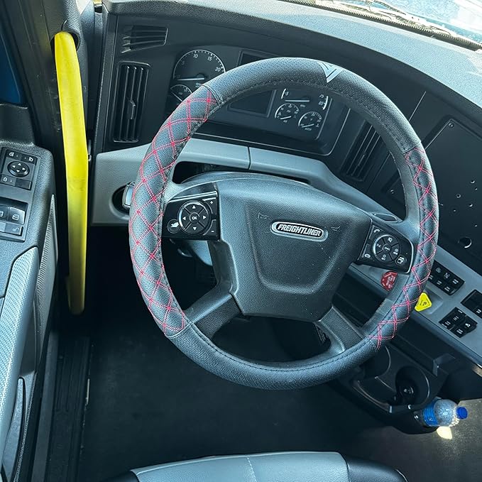 Genuine Leather Steering Wheel Cover for Semi Truck – 18" X-Large, Black with Red Diamond Stitching, Anti-Slip Grip, Fits 18 Inch Wheels for Big Rig, RV & 18 Wheeler Trucks (Black/red)