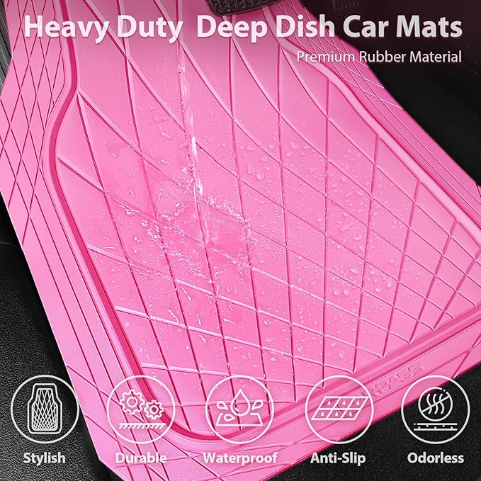 CAR PASS Heavy Duty Rubber Car Floor Mats, Deep Dish All Weather Car Mats Full Set, 3 Piece Waterproof Premium Anti-Slip Floor Mats Rugs Universal Trim to Fit for 95% Sedan SUV Van Truck, Pink