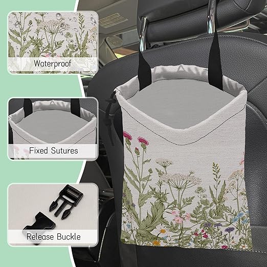 NHNXHWIA Wild Flowers Car Garbage Bag,Botanical Herbs Waterproof Small Car Trash Bag Hanging Back of Seat,Drawstring Hanging Car Trash Bag with Adjustable Buckle for Car Accessories