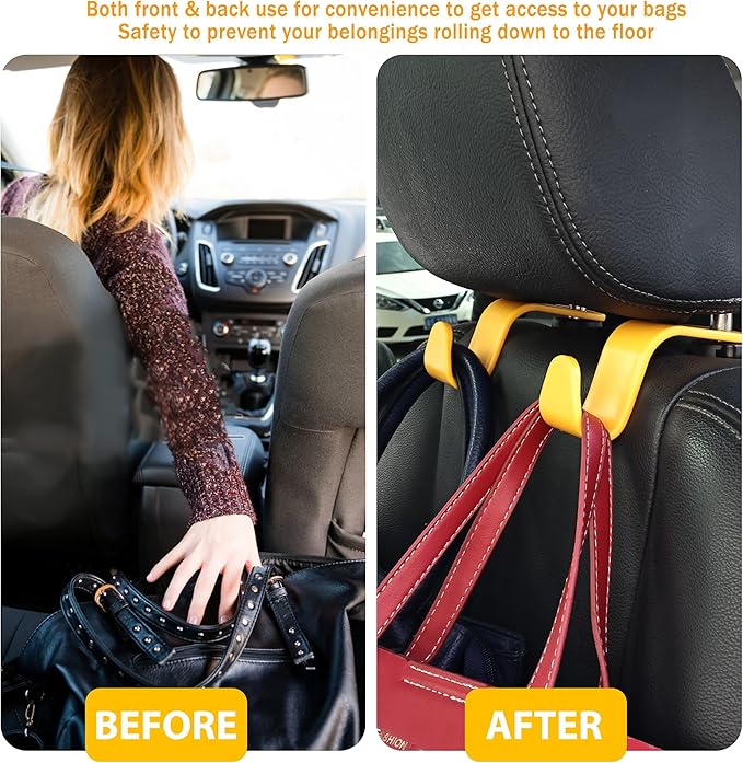 Amooca Car Seat Headrest Hook 4 Pack Hanger Universal Vehicle Car Storage Organizer for Handbag Purse Coat S Type Yellow