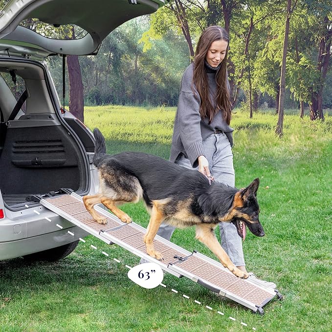 Dog Ramp for Car - Stable Anti-Slip Dog Car Ramp for Large Dogs - 63" Long & 15" Wide - 250LBS Capacity - Telescoping Pet Ramp - Lightweight - Reflective Sides - Fixing Clip - Desert Sand
