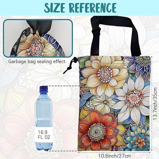 KXWQTRDD Car Garbage Bag Bright Yellow White and Blue Floral Hanging Canvas Car Trash Bag Drawstring Car Back Seat Organizer for Car Back Front Seat Console with Adjustable Buckle