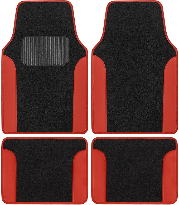 BDK Floor Mats for Cars, Two-Tone Carpet Car Floor Mats with Faux Leather Accents, Automotive Floor Mat Set with Built-In Heel Pad, Stylish Interior Car Accessories (Red)