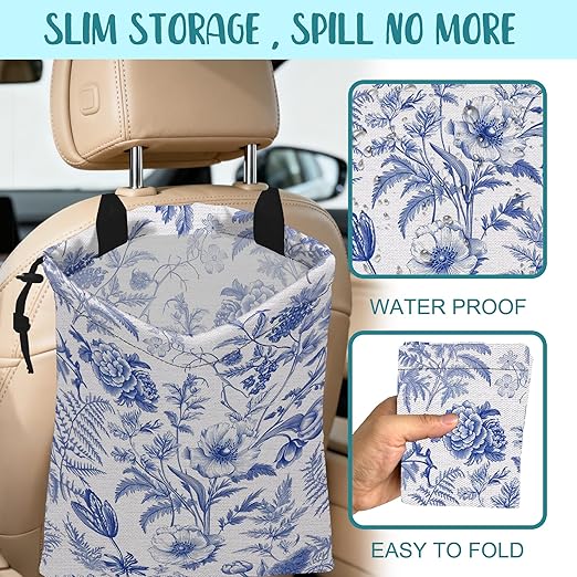 KXWQTRDD Car Garbage Bag Abstract Blue and White Floral Hanging Canvas Car Trash Bag Drawstring Car Back Seat Organizer for Car Back Front Seat Console with Adjustable Buckle