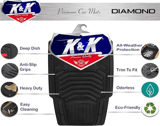 K&K Auto Accessories 3D Car Floor Mat Thick 8 Lb Heavy Duty Durable Universal Diamond Black Deep Dish for Cars SUVs Minivan Truck