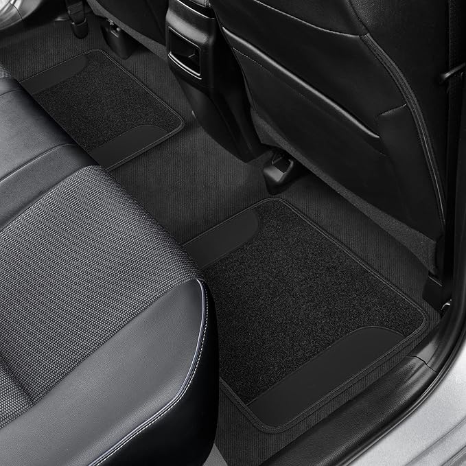 BDK Carpet Floor Mats for Cars, Two-Tone Carpet Car Mat with Faux Leather Accents, Automotive Floor Mat Sets with Built-in Heel Pad, Stylish Interior Car Accessories Black