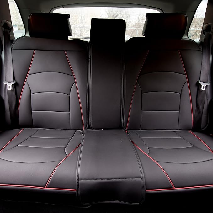 FH Group Back Seat Faux Leather Car Seat Cover - Universal Fit, Rear Seat Covers for Cars with Rear Split Bench, Car Seat Cushions for SUV, Sedan, Van, Black Red Trim