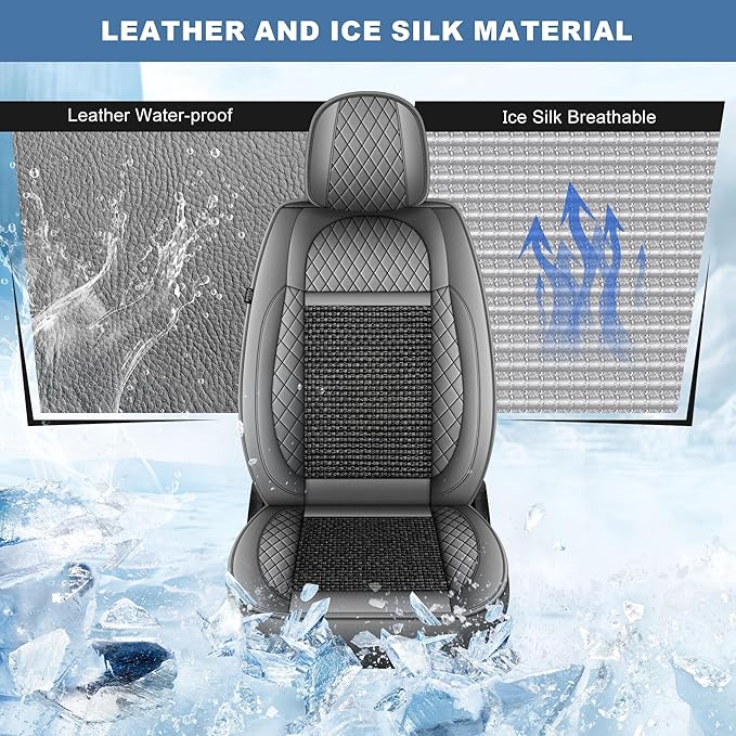 Ahsrnl Seat Covers Fit for Mitsubishi Mirage 2015-2025 2026 Cooling Ice Silk Faux Leather Seat Covers Breathable Seat Cushion Protector（2PCS Front Pair/Black&Gray