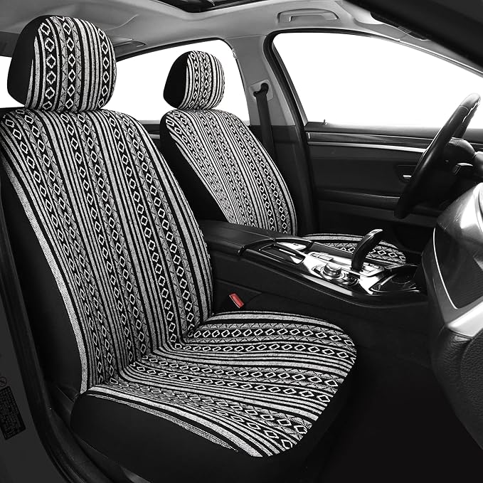 HAIYAOTIMES Baja Saddle Blanket Car Seat Covers Full Set with Seat Belt Pads, Washable Breathable Seat Covers for Cars, Universal Fit Interior Covers for Most Cars, Airbag Compatible, Black/White