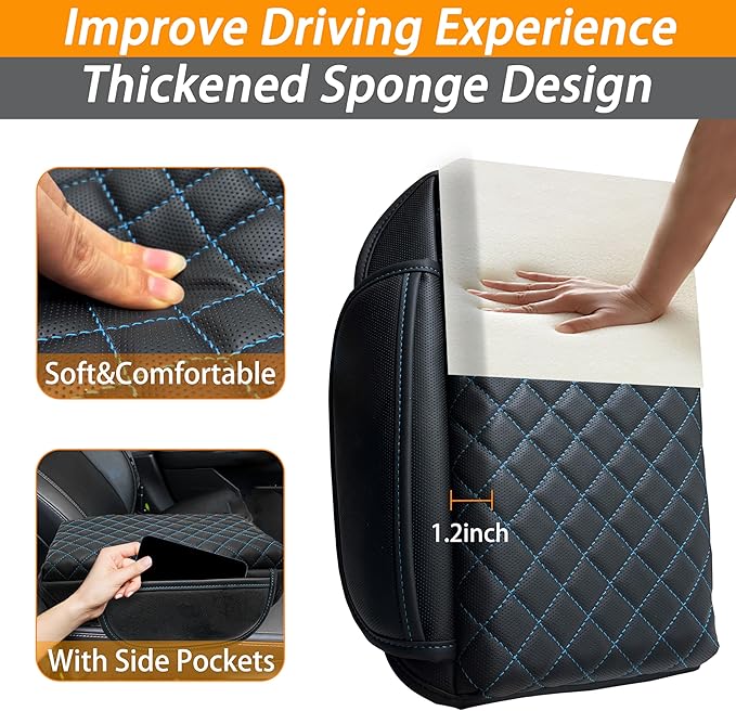 SENSHINE 1.2in Thickness Center Console Cover for Honda CRV Accessories 2023 2024 2025 2026 Middle Console Cover Leather Armrest Box Lid Protector Cushion Pad with Pockets Interior (Blue Stitch)