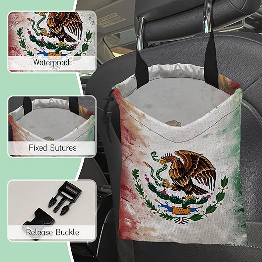 NHNXHWIA Vintage Mexico Flag Car Trash Bag,Hanging Drawstring Car Garbage Bag,Waterproof Canvas Car Back Seat Organizer with Adjustable Buckle,for Vehicles,SUVs,Camping,Road Trips