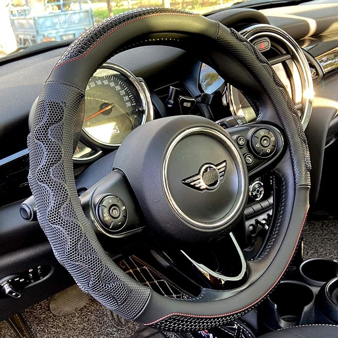 PINCTROT Large Size Steering Wheel Cover Great Grip with 3D Honeycomb Anti-Slip Design, 15.5-15.75 Inch (Black/Red Stitch)