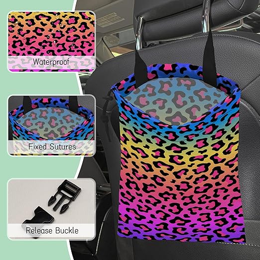 NHNXHWIA Rainbow Leopard Car Trash Bag,Neon Leopard Hanging Drawstring Car Garbage Bag, Waterproof Canvas Car Back Seat Organizer with Adjustable Buckle, for Vehicles, SUVs, Camping, Road Trips