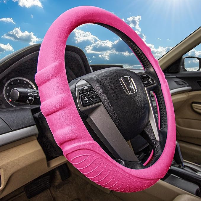 FH Group Universal Fit Silicone with Grip and Pattern Massaging Grip Steering Wheel Cover fits most Cars, SUVs, Trucks, and Vans Baby Pink