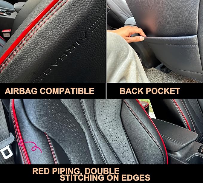 PINCTROT Car Seat Covers Front Set, Breathable Soft Pebbled Leather, Luxury Waterproof Seat Cushion, Airbag Compatible, Seat Protector Universal Fit Most Cars (Front Set, Black Red Trim)