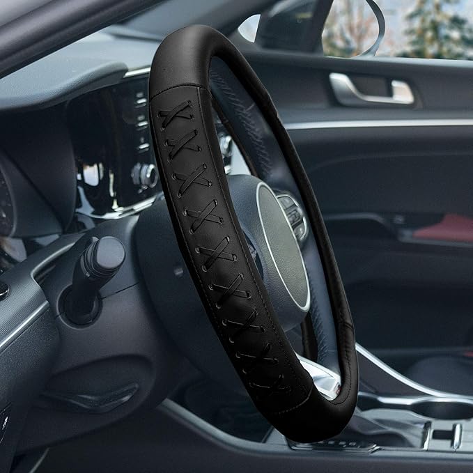 FH Group Universal Fit 15 Inch Genuine Leather with Lace-Up Detailing Steering Wheel Cover fits Most Cars, SUVs Black