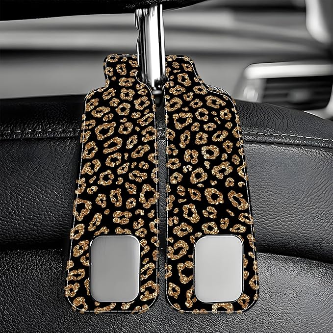 Car Headrest Purse Hanger Abstract Gold Glitter Leopard 1 Pack Bag Purse Holder for Car Premium Leather Double Metal Hook for Handbags, Grocery Bags and Phones