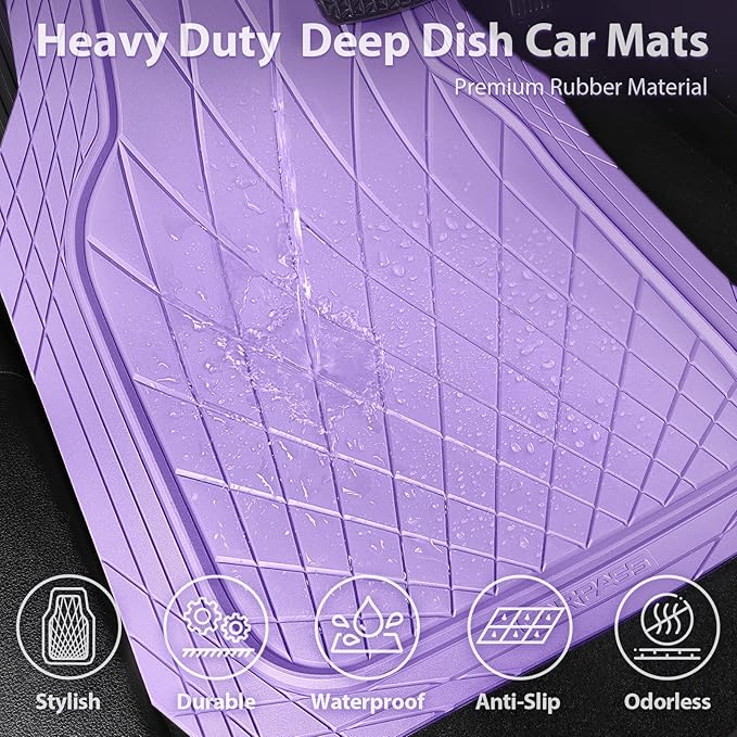 CAR PASS Heavy Duty Rubber Car Floor Mats, Deep Dish All Weather Car Mats Full Set, 3 Piece Waterproof Premium Anti-Slip Floor Mats Rugs Universal Trim to Fit for 95% Sedan SUV Van Truck, All Purple