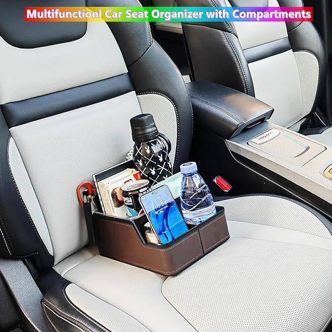 Car Seat Organizer with Phone Holder,Armrest Cup Holder Tray Truck Organizer & Storage Front Seat Organizer Small Car Caddy fit for Car SUVs Pickup Truck Van(Brown)