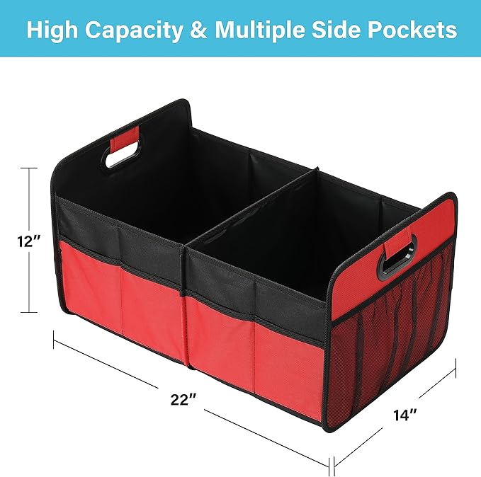 Simple Deluxe Trunk Organizer for Car/SUV/Truck, Collapsible 2 Compartment Automotive Storage Box, 600D Waterproof Oxford Polyester 50L Travel Accessories, Anti-slip & Leak-proof, Red New