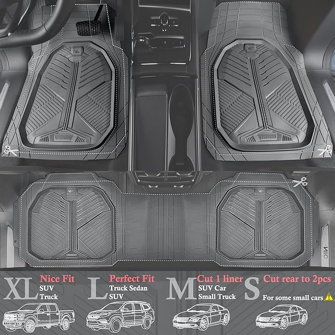 CAR PASS Heavy Duty Rubber Car Mats with Cargo Liner, Deep-Dish Car Floor Mats and Trunk Mat All Weather, Universal Trim-to-Fit for SUVs Trucks Sedans, Waterproof Anti-Slip, Trimmable V12 Gray