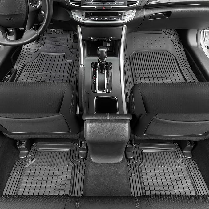 Motor Trend 4-Piece FlexTough Rubber Floor Mats for Cars Trucks SUVs Vans, Trim-to-Fit Heavy Duty Weatherproof Waterproof Square Grid Deep Dish Ridges Protection Front Rear Non-Slip All Weather